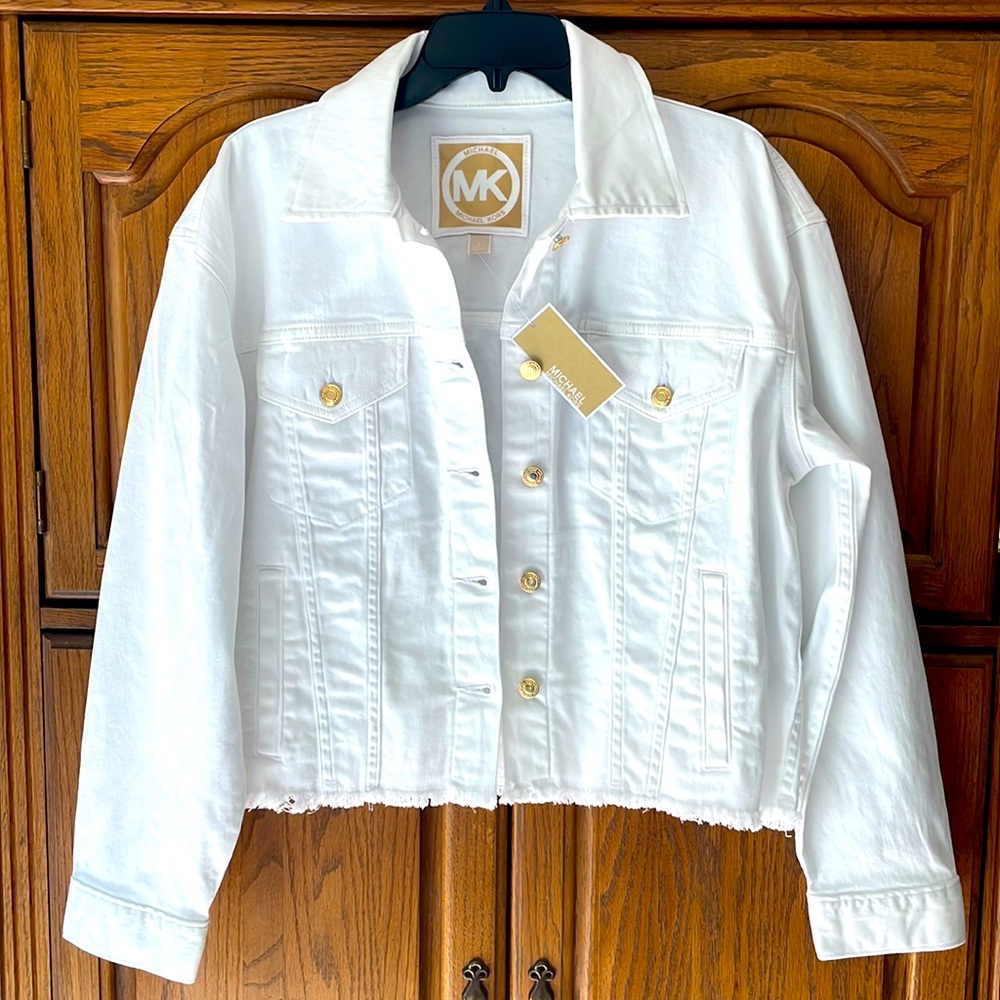 Brand New Michael Kors White Jean Jacket Gold Tone Button Up Frayed Base - Picture 13 of 13